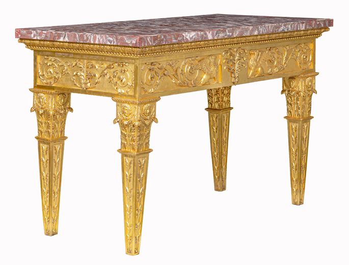 An Italian carved and giltwood neoclassical Console table, with a rectangular peperino top with Roman ancient alabastro a pecorelle veneer | MasterArt